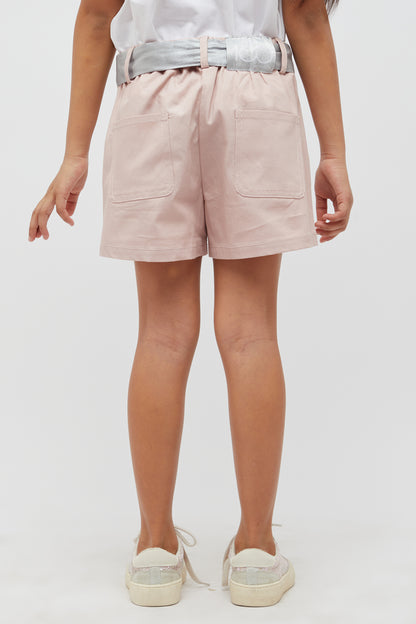 Girls Pink Minnie Printed Short With Cloth Belt