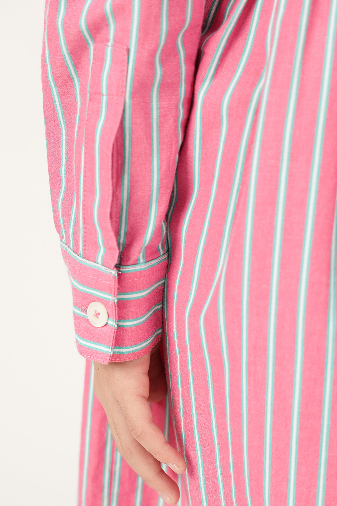 Girls Pink Striped Cotton Shirt Collar Full Sleeve Dress | One Friday