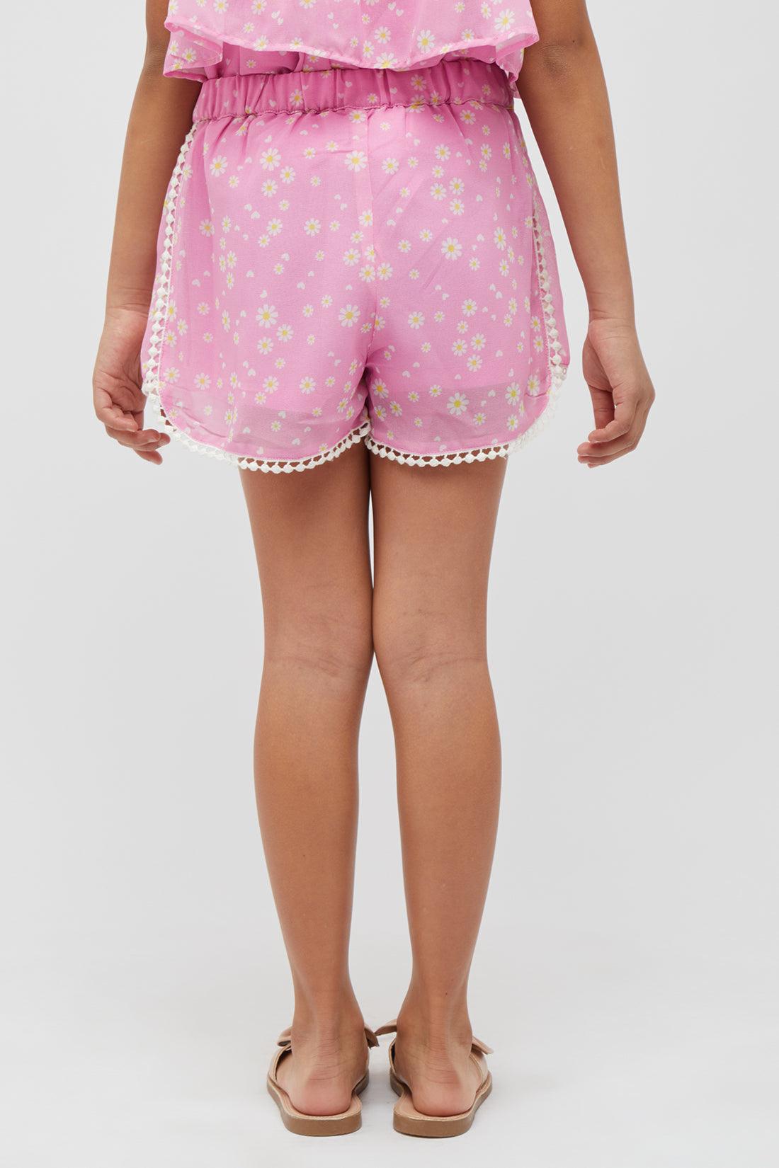 One Friday kids Girls Pink Floral Shorts with Lace & Bow