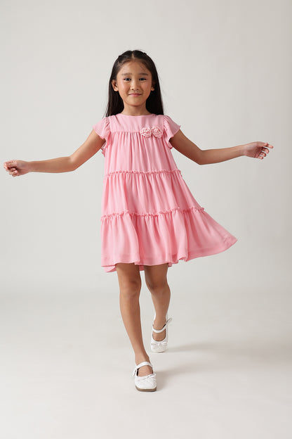 Girls Pink Fitted & Flared Frill Sleeve Solid Dress by One Friday