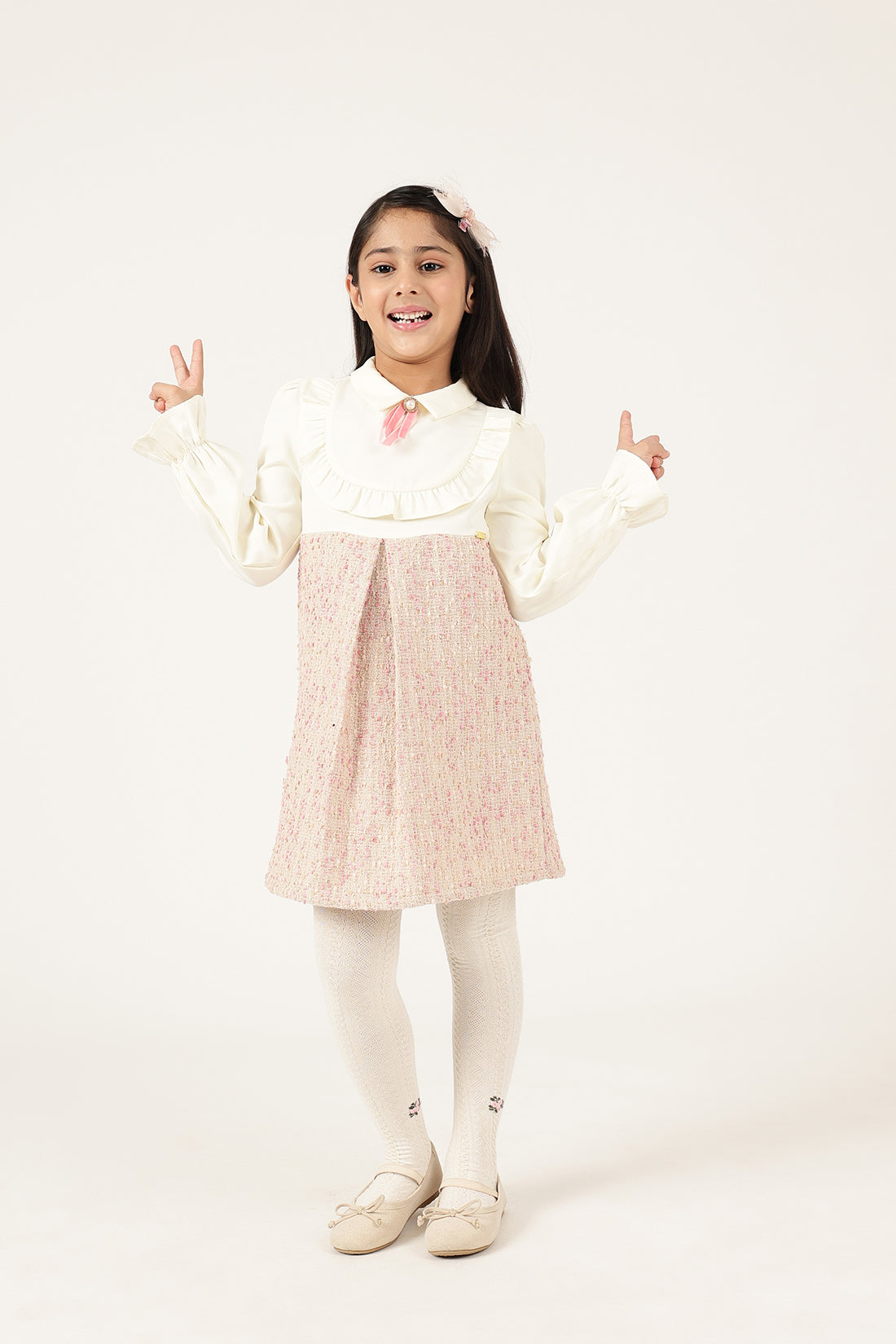 Girls Multicolour Boucle Zip Round Neck Full Sleeve Dress | One Friday