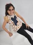 One Friday Kids Girls Crown Printed Top With Navy Blue Bow