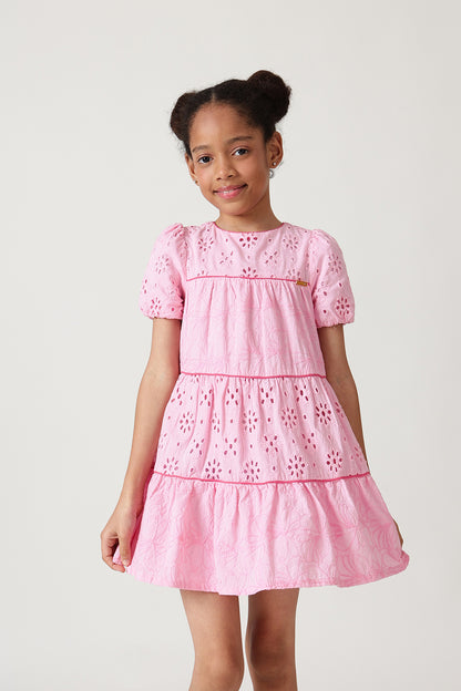 Girls Pink A-Line Short Sleeve Solid Dress By One Friday