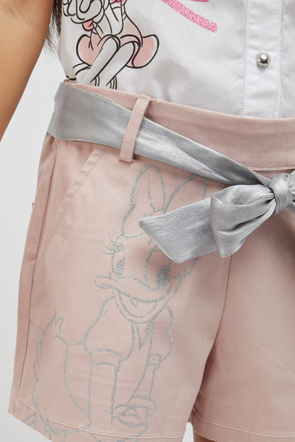 Girls Pink Minnie Printed Short With Cloth Belt