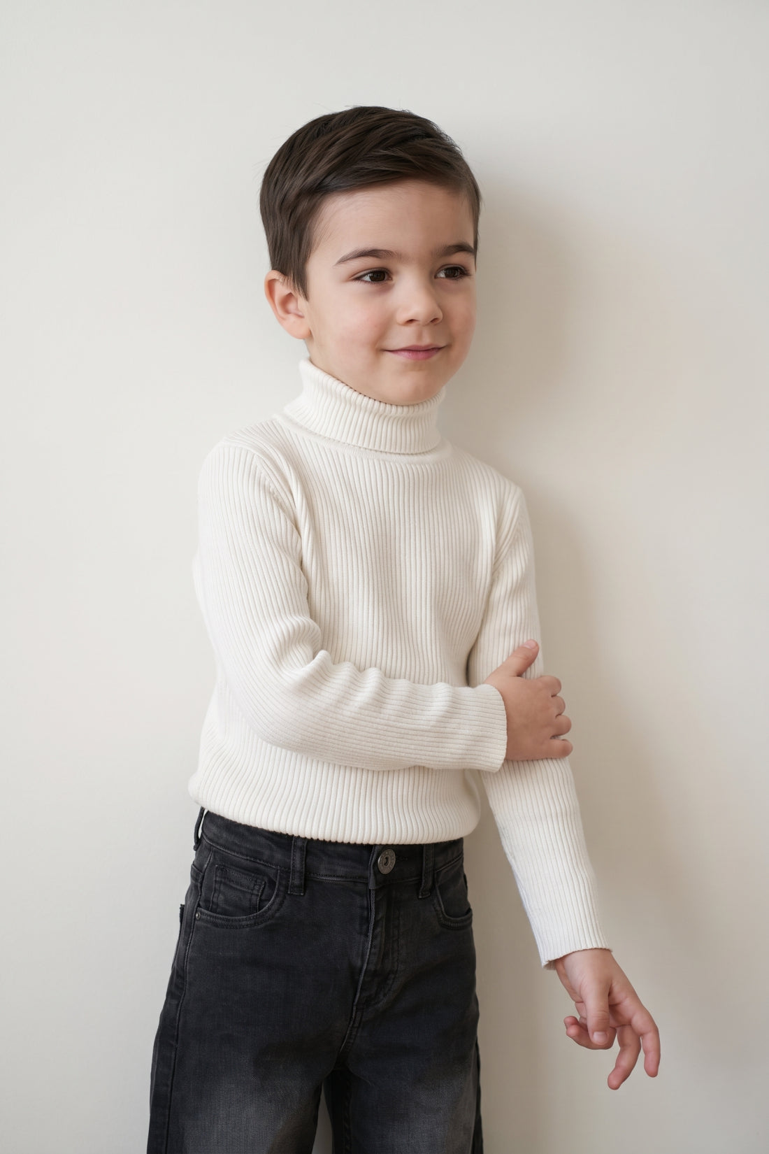 Boys Off White Flat Knit High Neck Jumper
