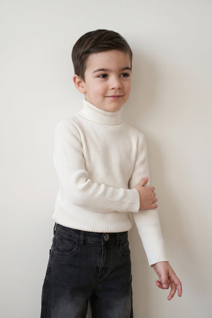 Boys Off White Flat Knit High Neck Jumper