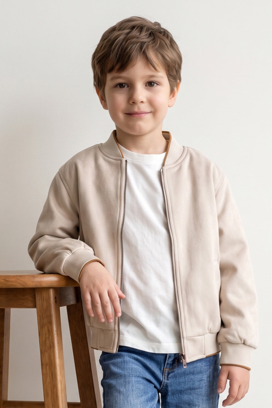 Boys Beige Solid Zip Jacket