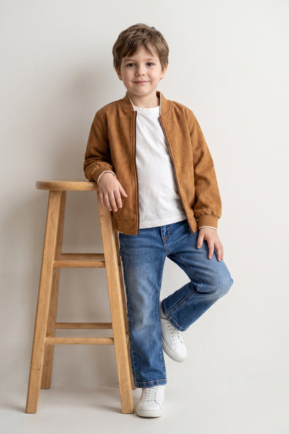 Boys Brown Solid Zip Jacket