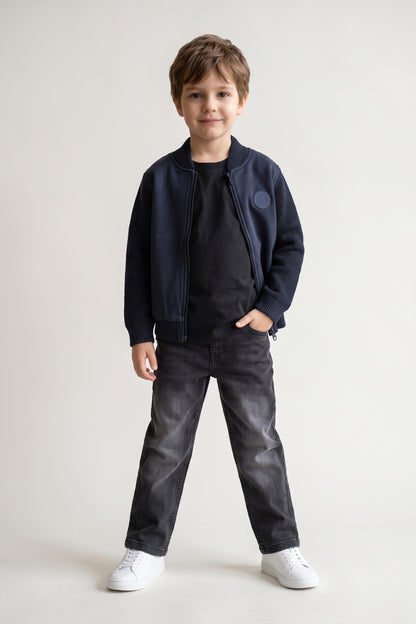 Boys Navy Blue Solid Woven Button Jacket