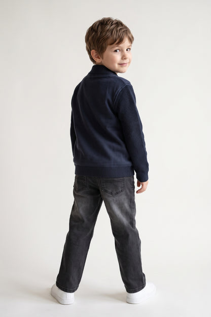Boys Navy Blue Solid Woven Button Jacket