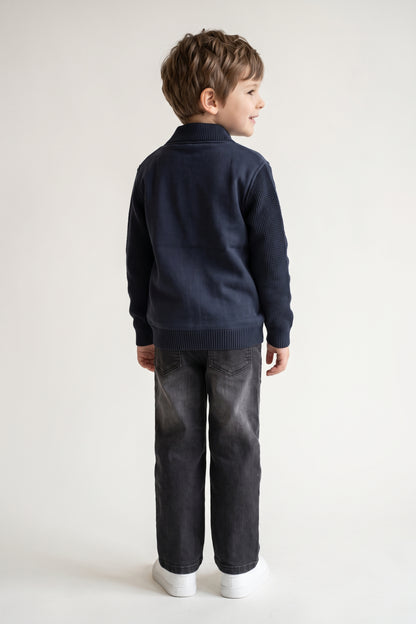 Boys Navy Blue Solid Woven Button Jacket