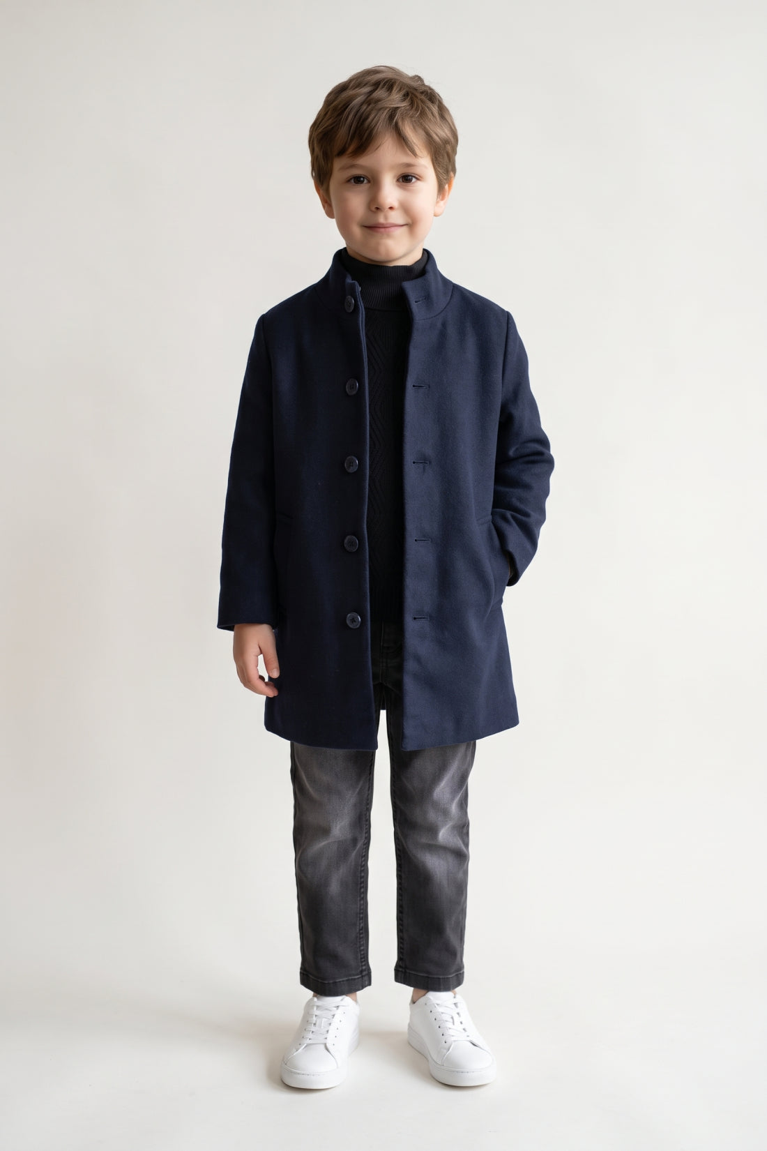 Boys Navy Blue Solid Button Round Neck Overcoat
