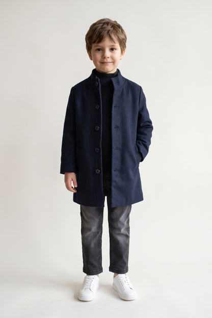 Boys Navy Blue Solid Button Round Neck Overcoat