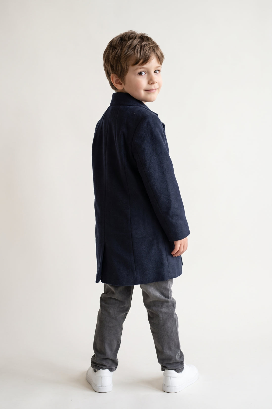 Boys Navy Blue Solid Button Round Neck Overcoat