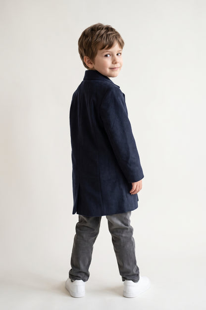 Boys Navy Blue Solid Button Round Neck Overcoat