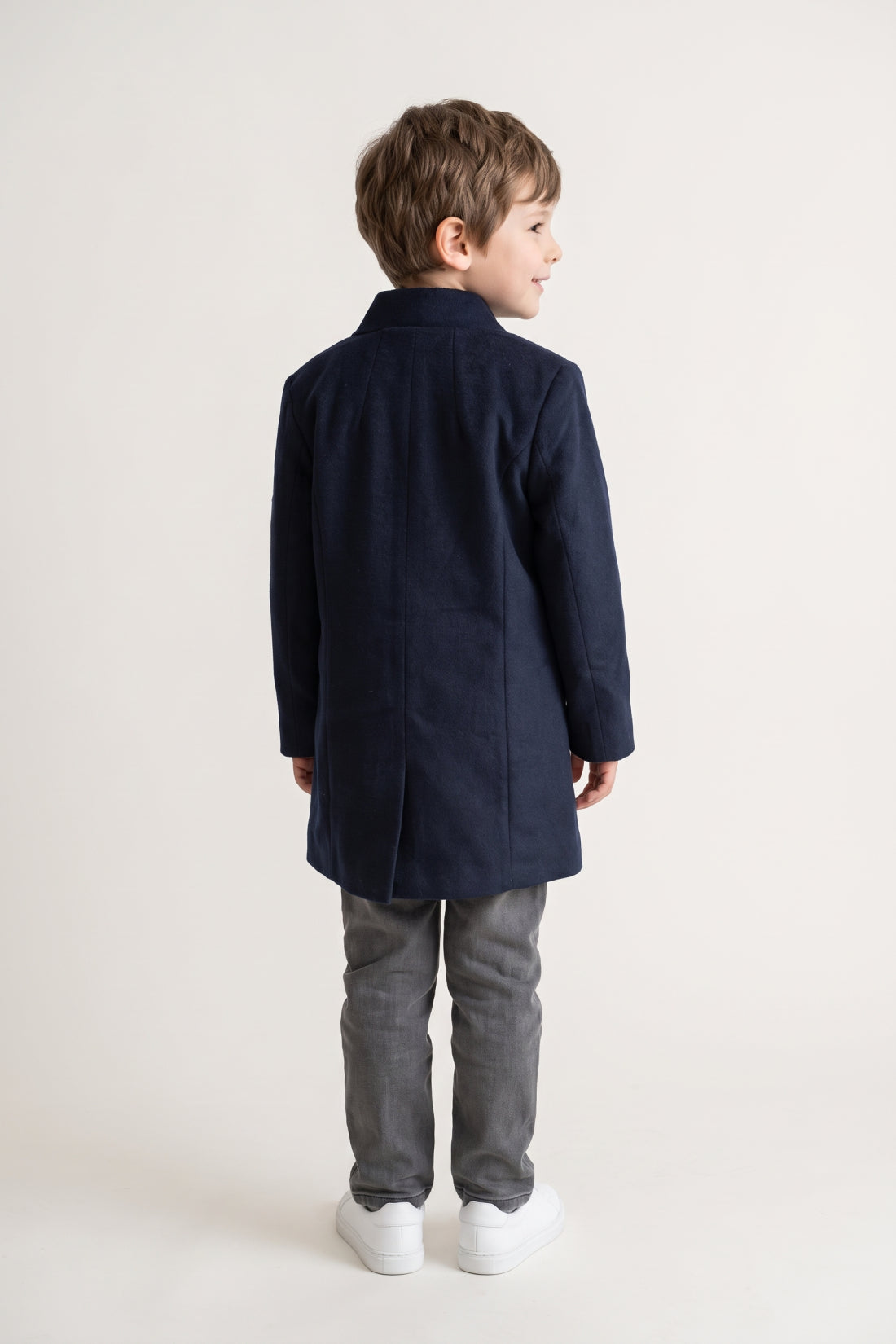 Boys Navy Blue Solid Button Round Neck Overcoat