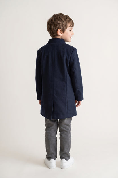 Boys Navy Blue Solid Button Round Neck Overcoat