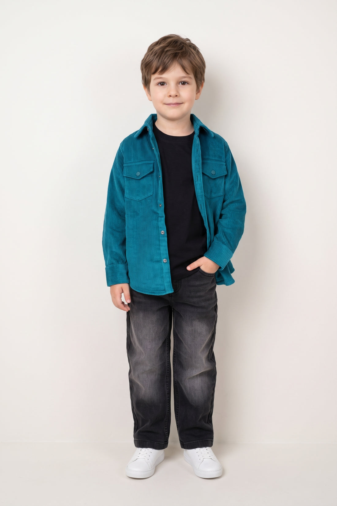 Boys Teal Solid Loose Fit Button Overshirt