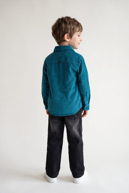 Boys Teal Solid Loose Fit Button Overshirt