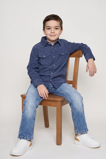 Boys Navy Blue Cotton Corduroy Shirt