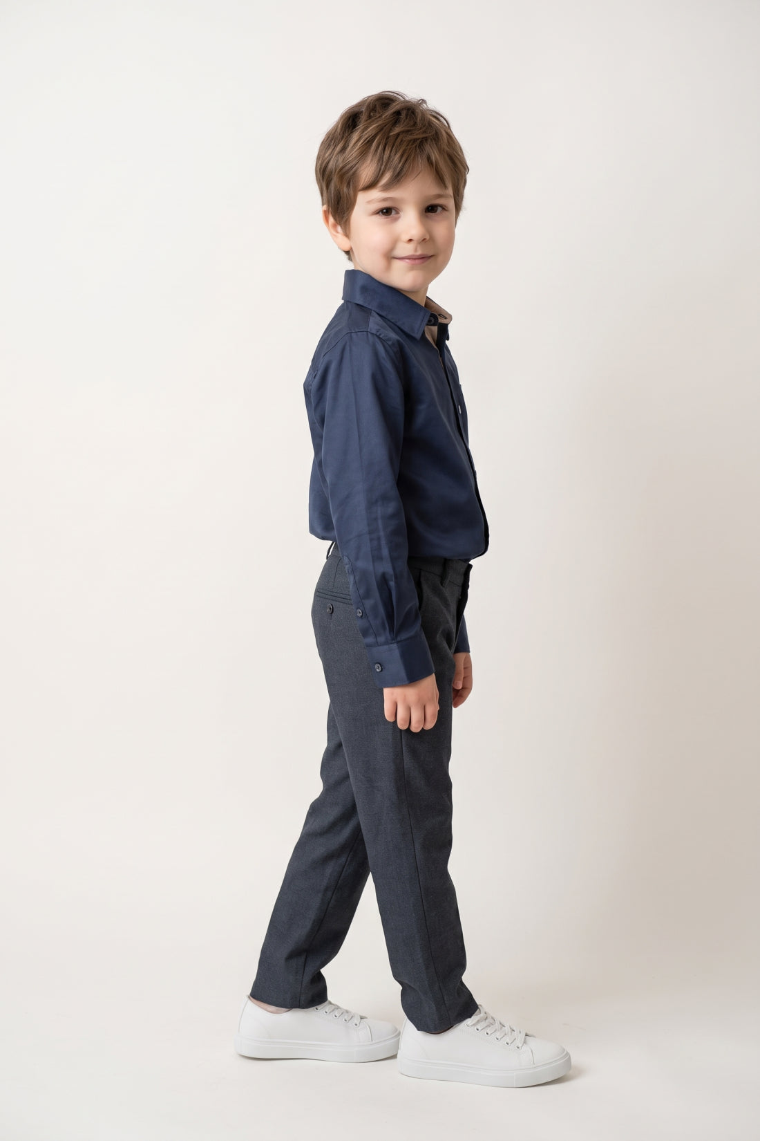 Boys Navy Blue Solid Twill Zip Trousers