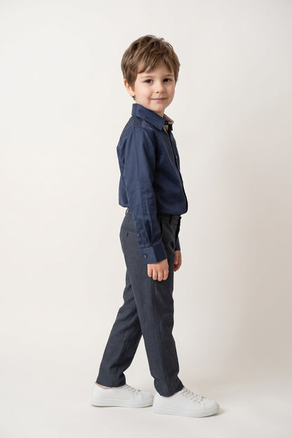 Boys Navy Blue Solid Twill Zip Trousers