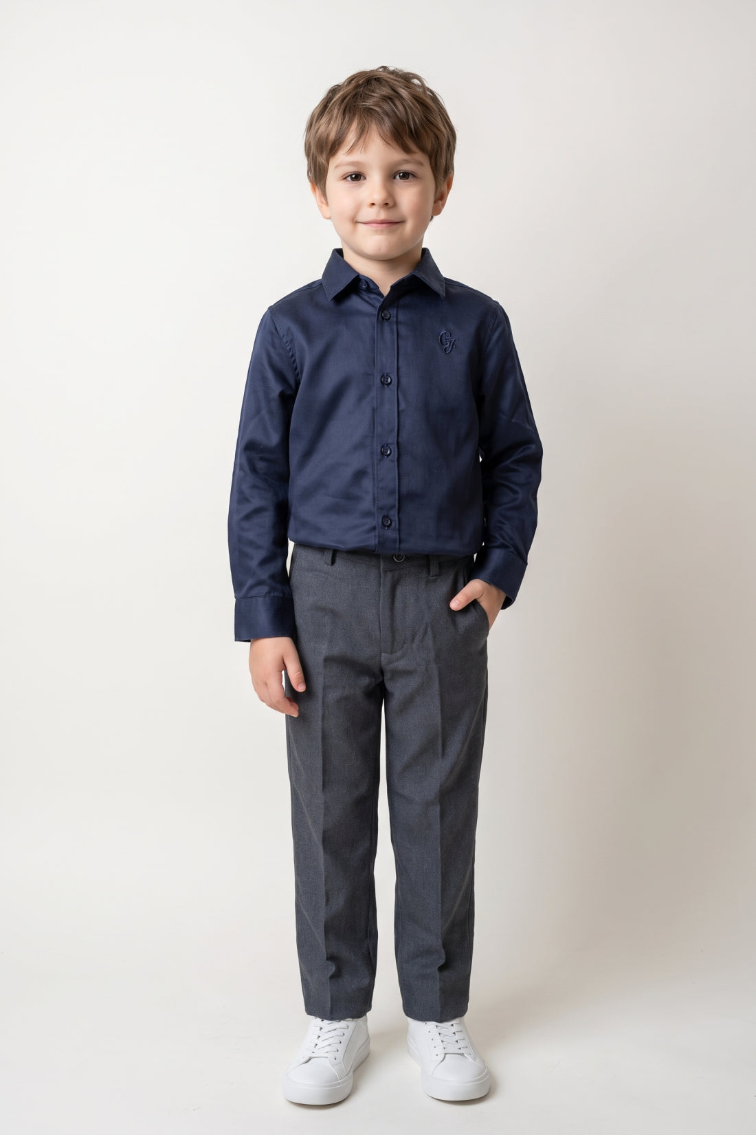 Boys Navy Blue Solid Twill Zip Trousers