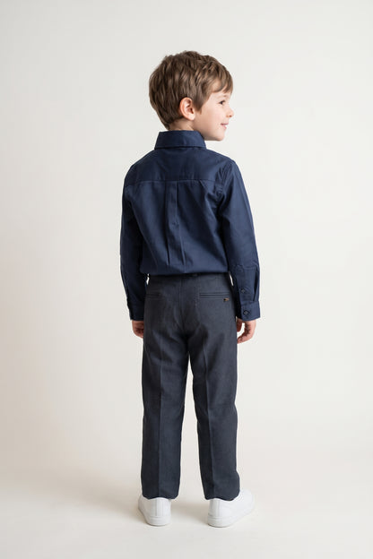Boys Navy Blue Cotton Satin Regular Fit Shirt