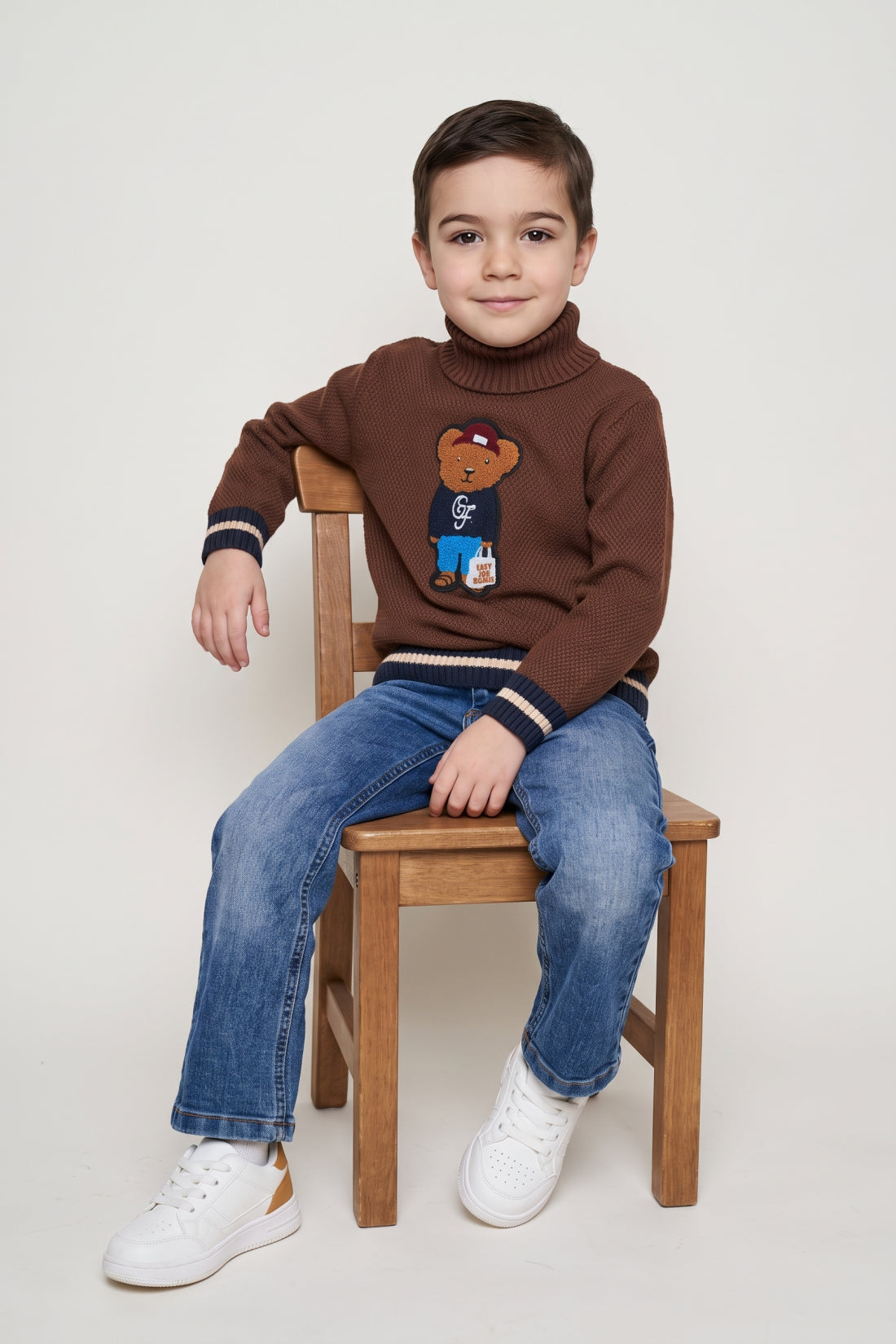 Boys Brown Embellished High Neck Sweater