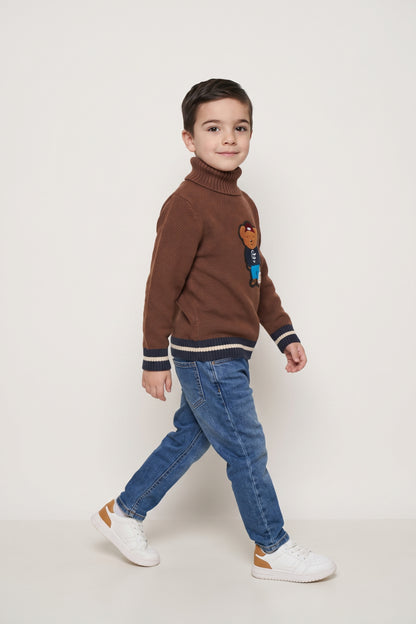 Boys Brown Embellished High Neck Sweater