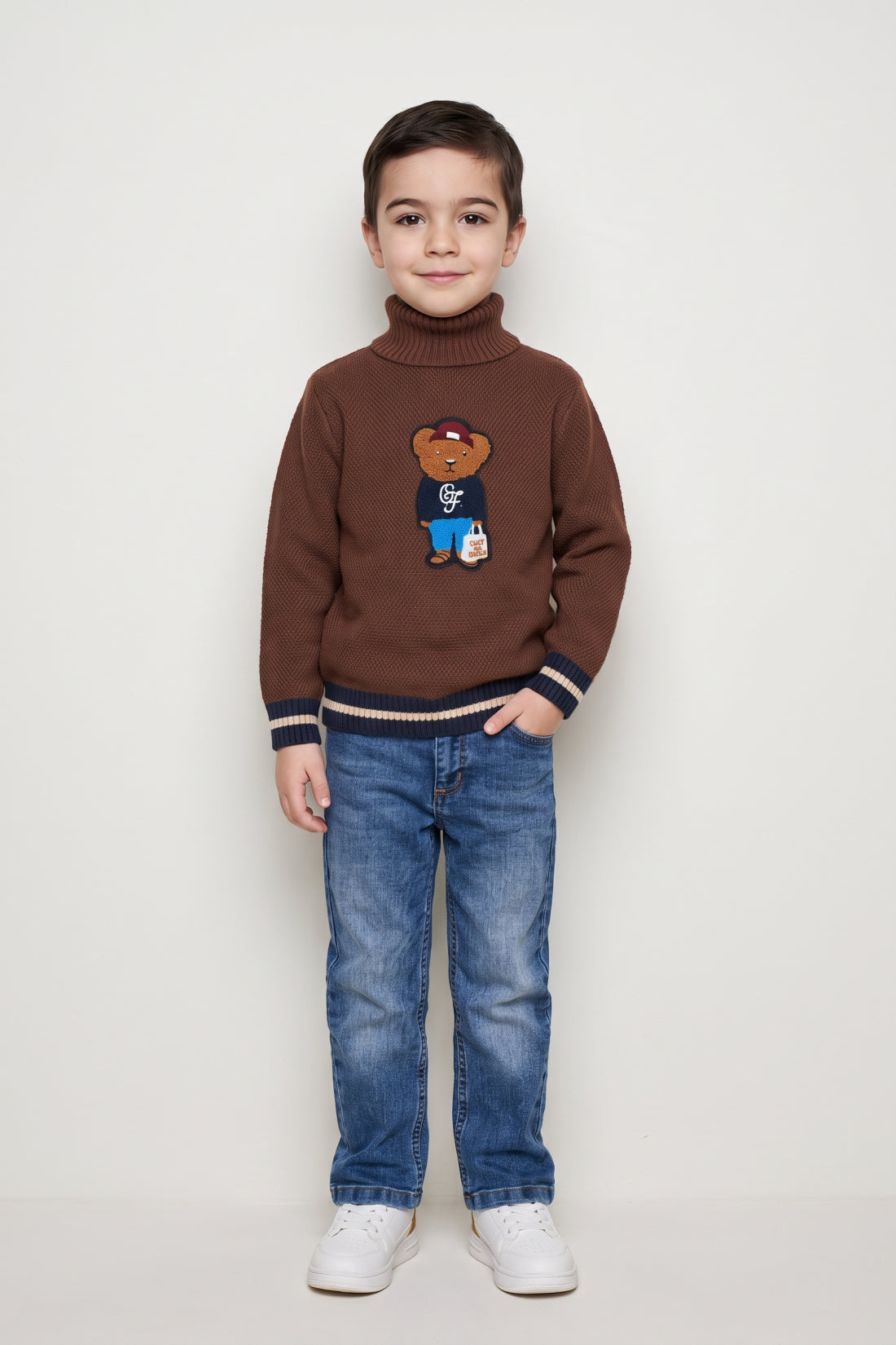 Boys Brown Embellished High Neck Sweater