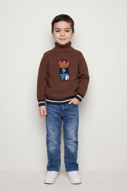 Boys Brown Embellished High Neck Sweater
