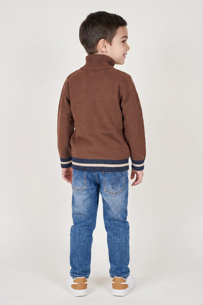 Boys Brown Embellished High Neck Sweater