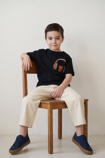 Boys Black Modal Blend Printed Embellished T-Shirt
