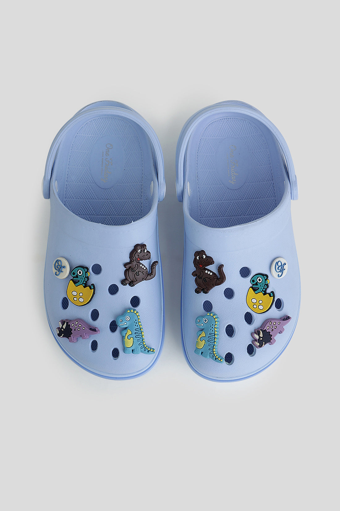 Kids Blue Dinosaur Clogs with 3D Dino Charms & Strap –| One Friday