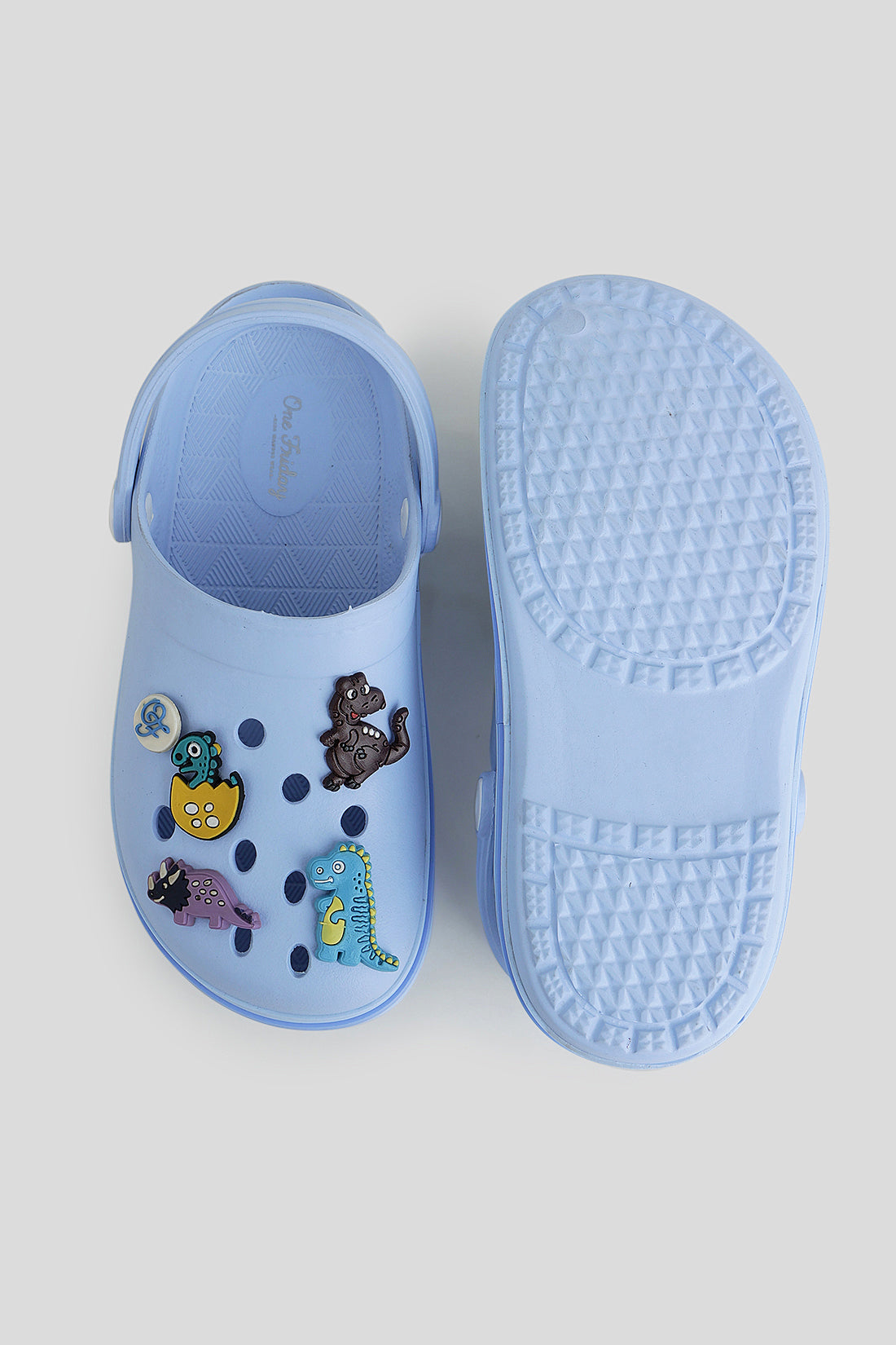 Kids Blue Dinosaur Clogs with 3D Dino Charms & Strap –| One Friday