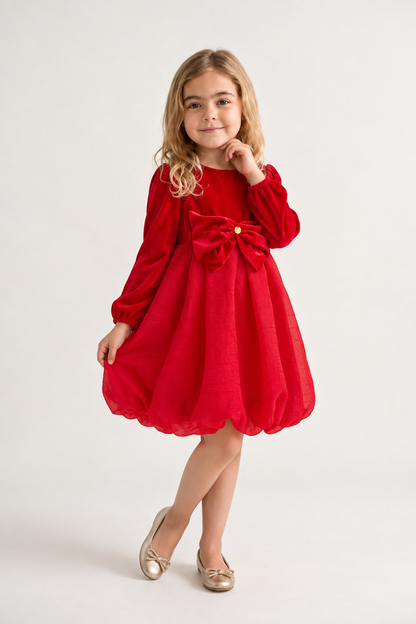 Girls Red Solid Velour Full Sleeve Dress