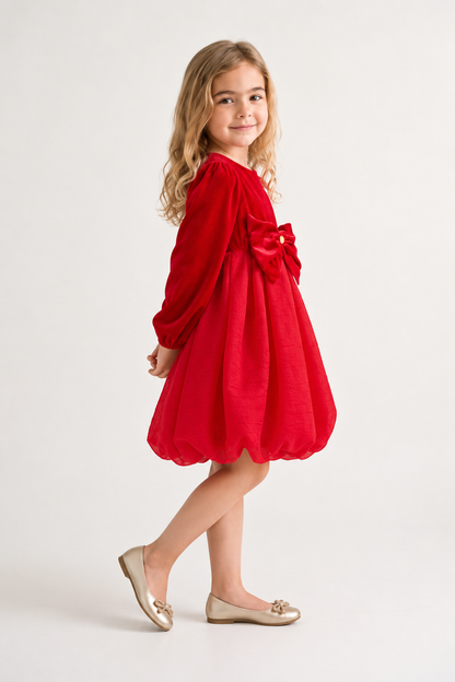 Girls Red Solid Velour Full Sleeve Dress