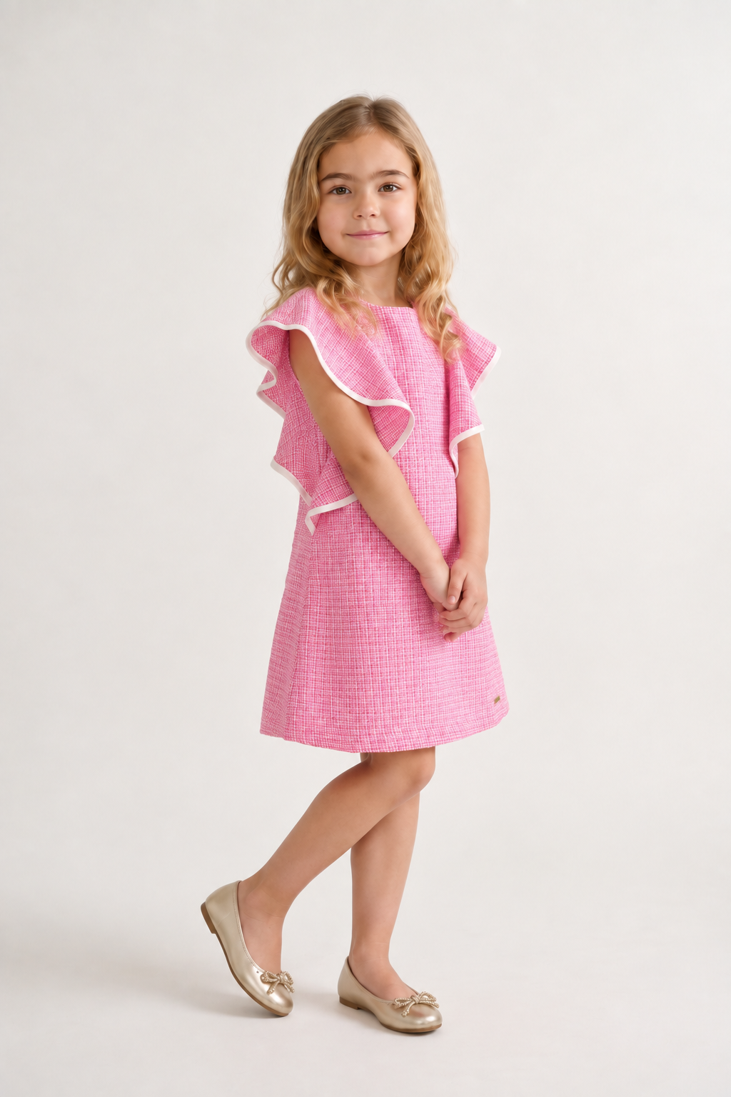 Girls Pink Boucle Round Neck Ruffle Sleeve Dress