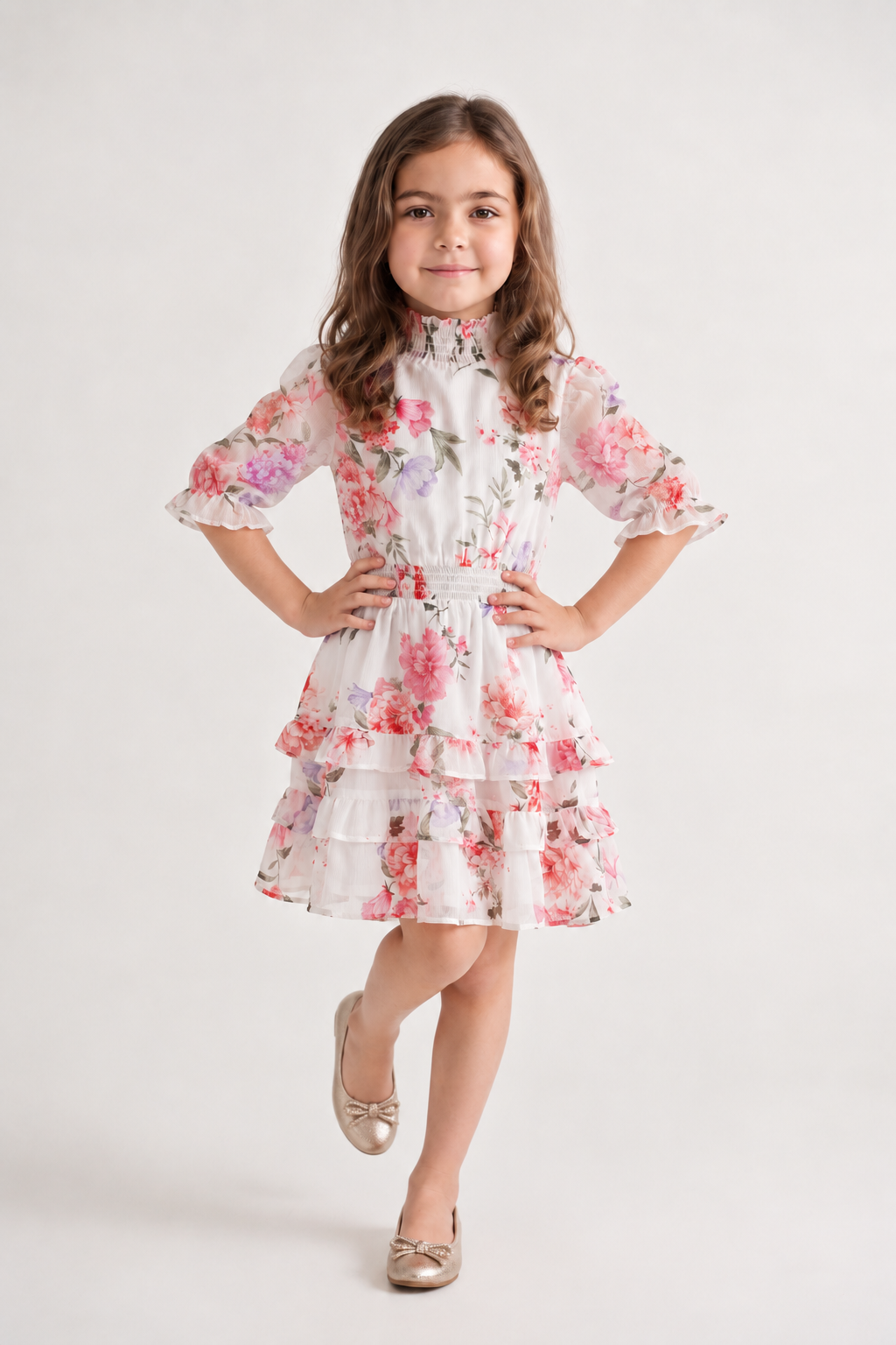 Multi Floral Chiffon Stand Collar Dress