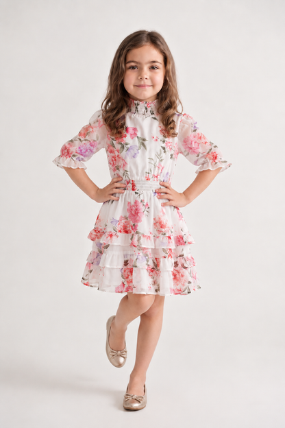 Multi Floral Chiffon Stand Collar Dress
