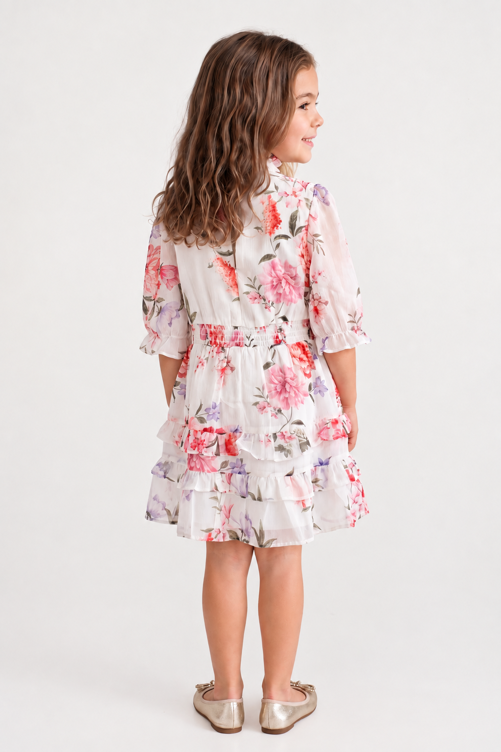 Multi Floral Chiffon Stand Collar Dress