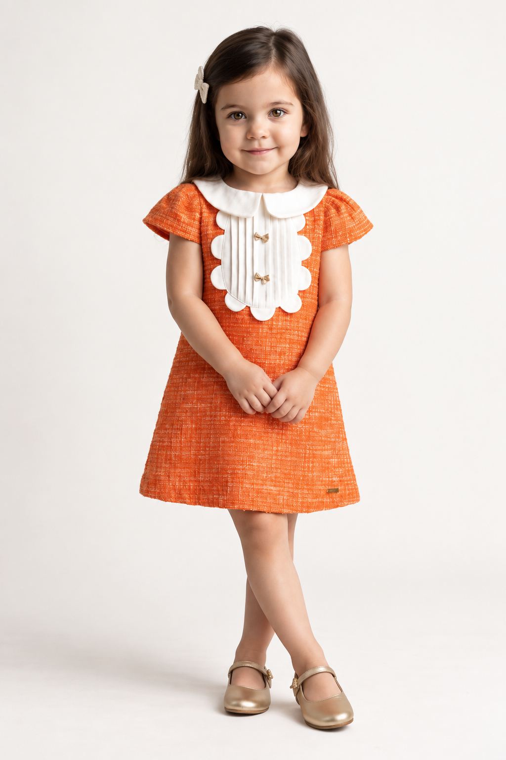 Girls Orange Boucle Shirt Collar Half Sleeve Dress