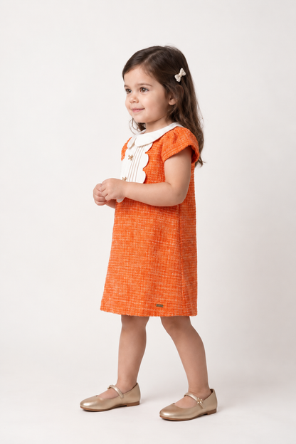 Girls Orange Boucle Shirt Collar Half Sleeve Dress