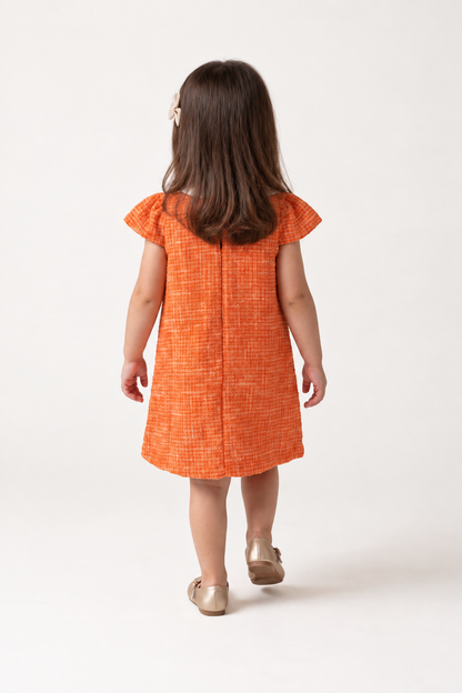Girls Orange Boucle Shirt Collar Half Sleeve Dress