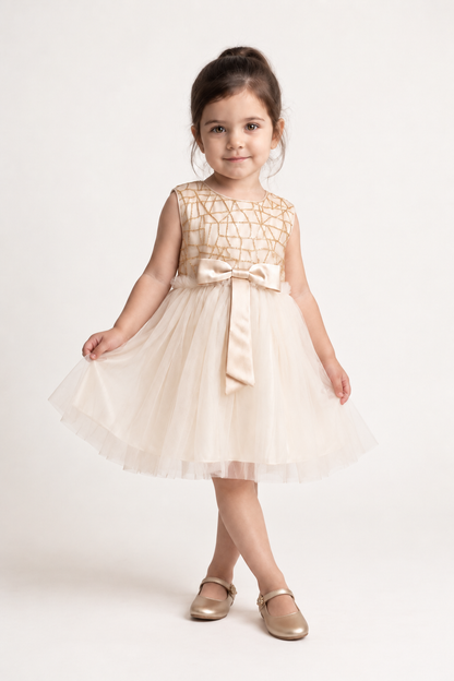 Baby Girls Beige Solid Woven Casual Dress