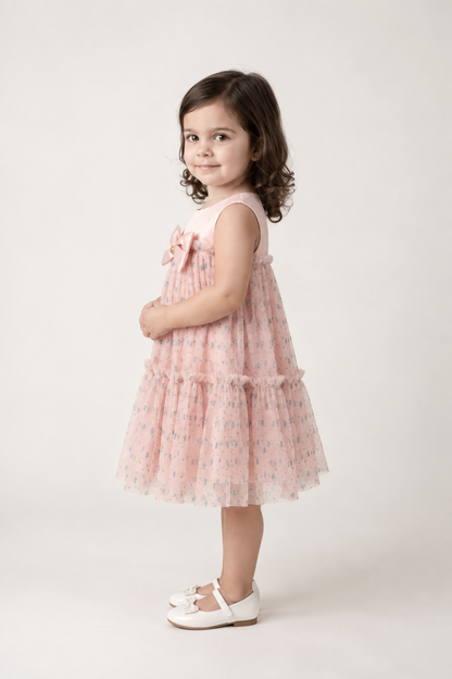 Girls Peach Printed Cotton Casual Dress
