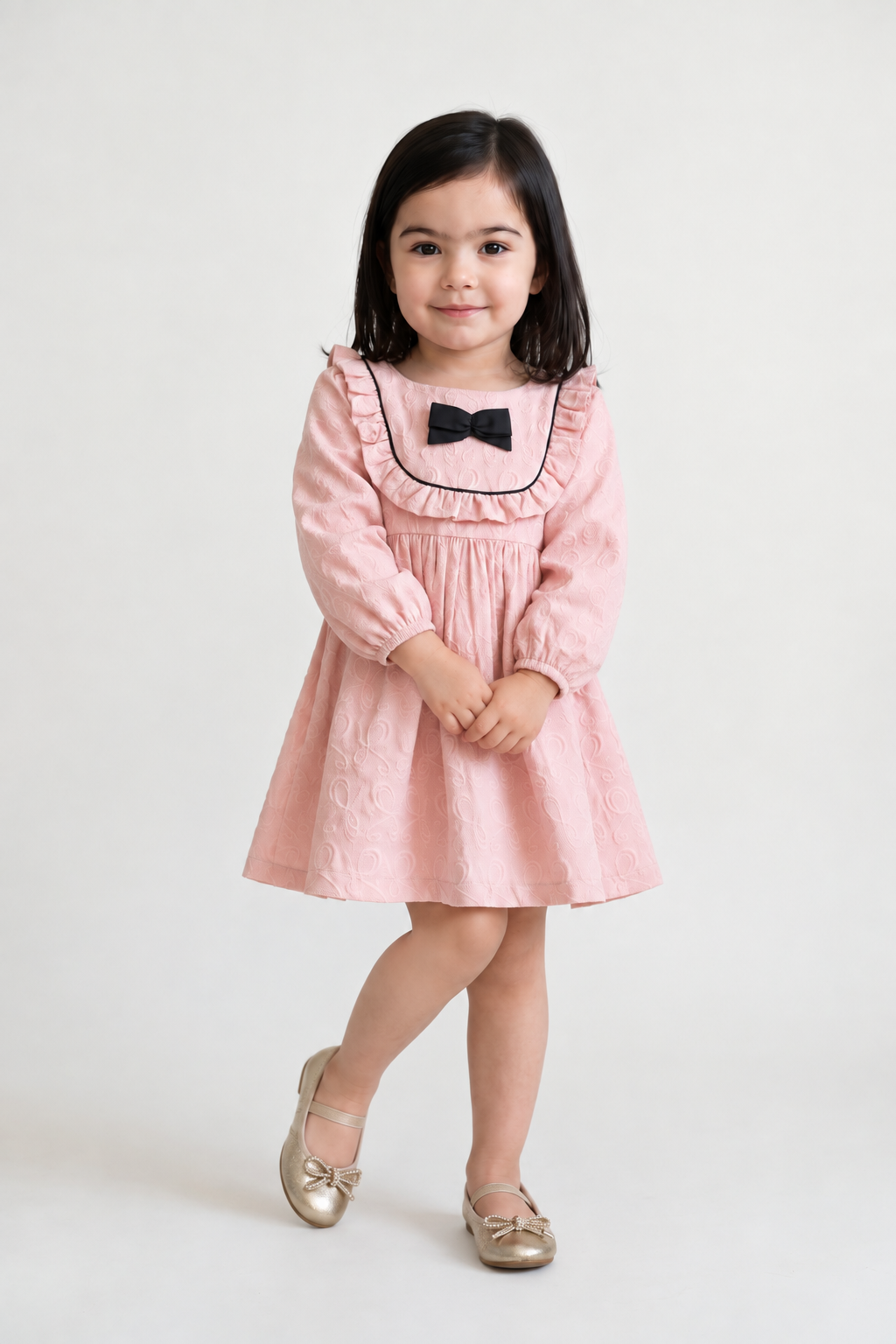 Baby Girls Peach Solid Jacquard Full Sleeve Dress