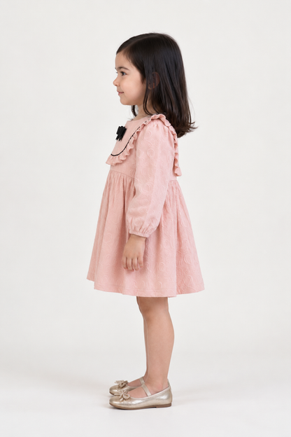Baby Girls Peach Solid Jacquard Full Sleeve Dress