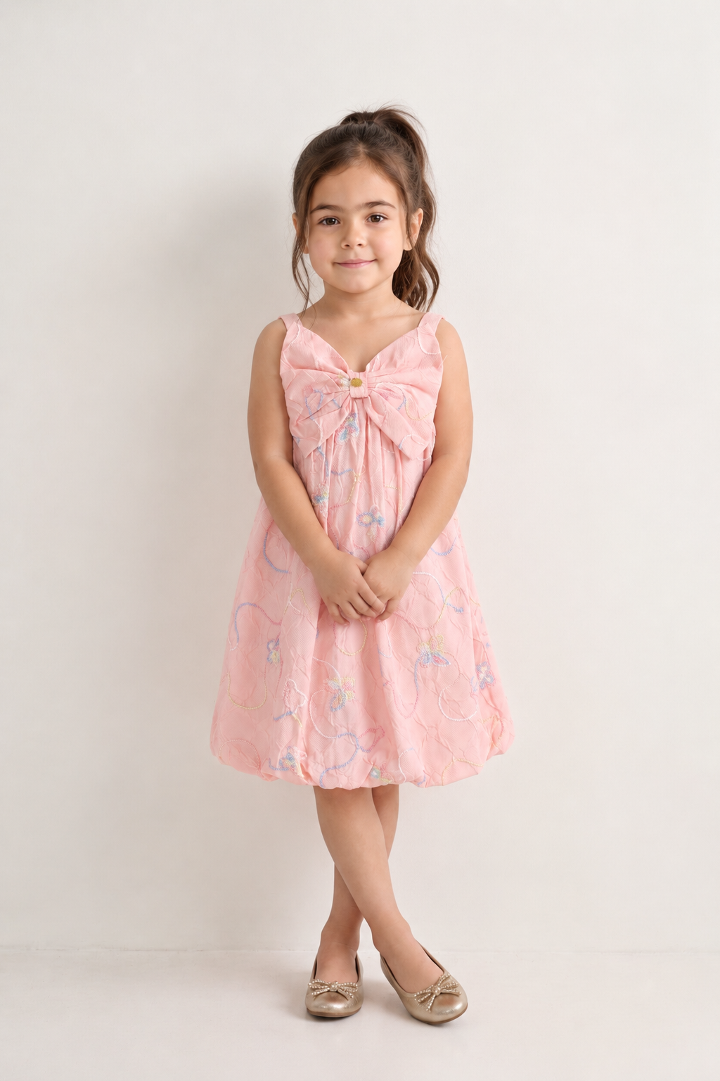 Girls Pink Embroidered Jacquard Full Sleeve Dress